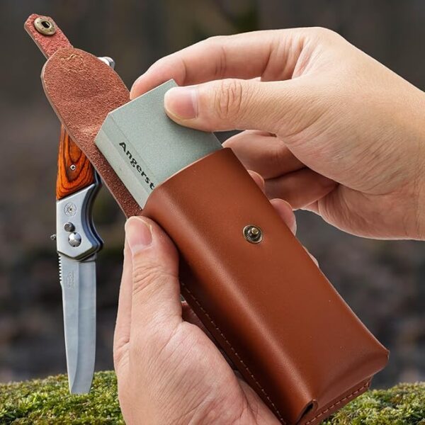 Angerstone Portable Whetstone Knife Sharpening Stone - Outdoor Hunting Knife Sharpener Stone Kit Dual Grit 400/1000 - Pocket Sharpening Stones for Knives with Cowhide Pouch for Bushcraft Camping Field - Image 4