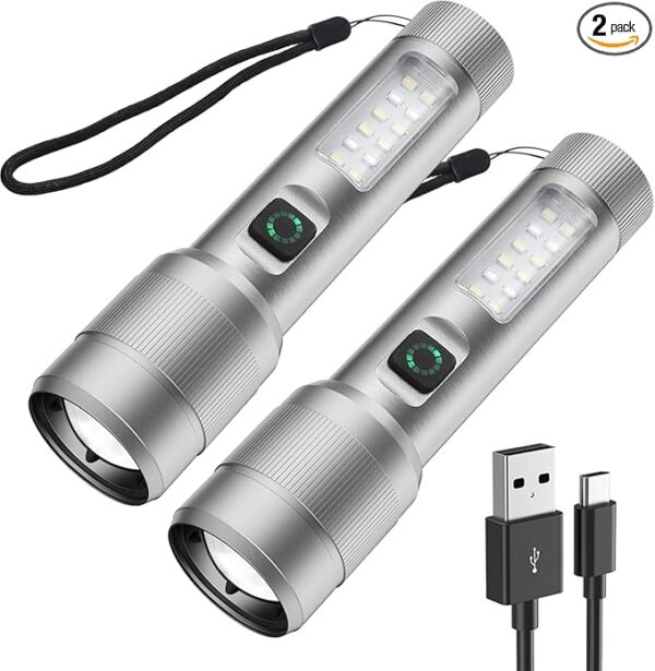 2 Pack Flashlight High Lumens Rechargeable, 5000 Lumen Super Bright Led Flashlights, Tactical Flashlight with Cob Sidelight, Waterproof, Zoomable for Camping, Emergency - Image 2
