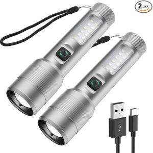 2 Pack Flashlight High Lumens Rechargeable, 5000 Lumen Super Bright Led Flashlights, Tactical Flashlight with Cob Sidelight, Waterproof, Zoomable for Camping, Emergency