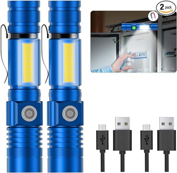 Flashlight USB Rechargeable, Magnetic LED Flashlight, Super Bright LED Tactical Flashlight with Cob Sidelight, 2000LM, Waterproof, Zoomable Best Small LED Flashlight for Camping, Emergency - Blue - Image 2