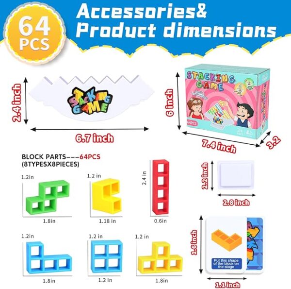 64PCS Stack Game for Adult & Kids, Tetra Board Tower Games for Family Travel Party, 2 Players Balance Stacking Toy, Team Toys Building Block - Image 3