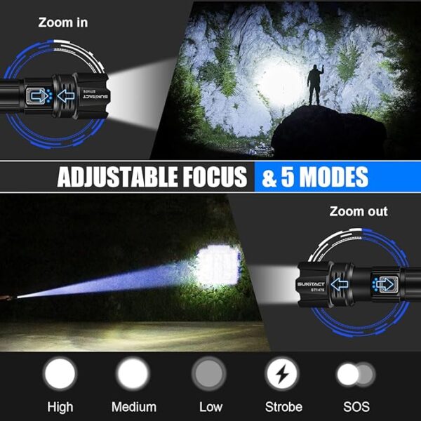 Flashlights High Lumens, Rechargeable Flashlight Led 2000 Lumen XHP70.2, Super Bright Flash Light, High Powered Handheld Flashlights for Emergency Camping Gift, IP67 Waterproof, Adjustable - Image 4