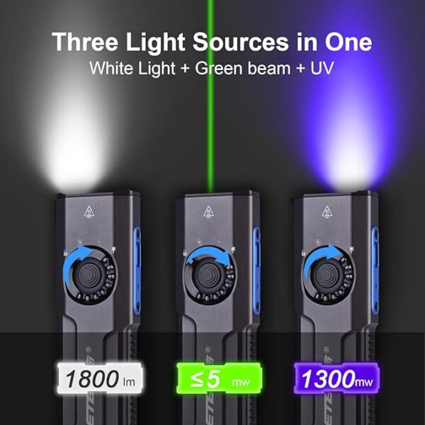 JETBeam E26 USB Rechargeable Flashlight,with Green Beam,UV Light and White LED Flashlight Combo Combo,1800 Lumens Portable Pocket Lights,Triple Sources for Outdoors Emergency Working(with Battery) - Image 3
