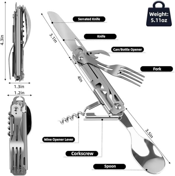 Portable 5-in-1 Camping Utensils - Detachable Travel Utensils Flatware Set - Compact Camping Multitool With Spoon, Fork, Knife, Bottle Opener - Great for Outdoor Adventures (Stainless Steel) - Image 3