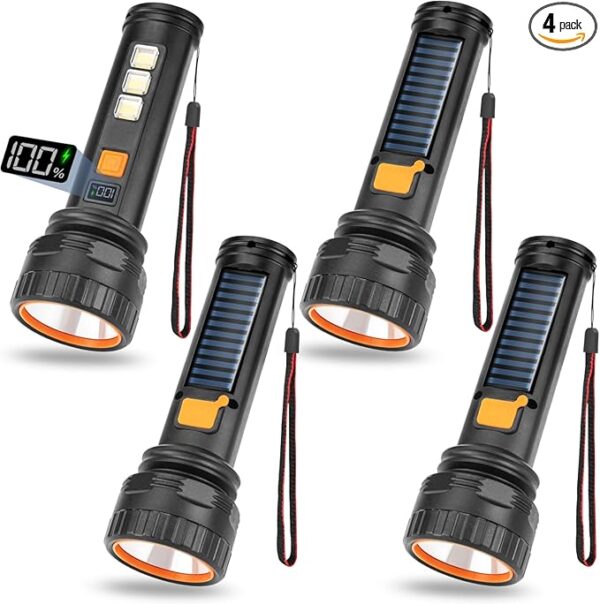 Solar Flashlights, 1500 Lumens Led Solar Powered Flashlights with Digital Display 2000mAh Battery Rechargeable Handheld Flashlights IP65 Waterproof Flashlights for Survival Emergencies, 4 Pack - Image 2