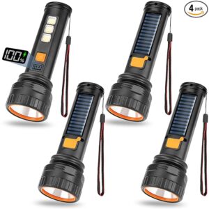 Solar Flashlights, 1500 Lumens Led Solar Powered Flashlights with Digital Display 2000mAh Battery Rechargeable Handheld Flashlights IP65 Waterproof Flashlights for Survival Emergencies, 4 Pack