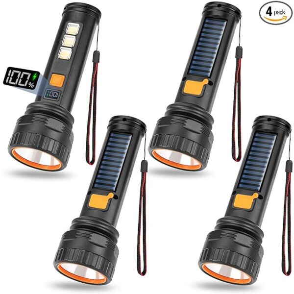 Solar Flashlights, 1500 Lumens Led Solar Powered Flashlights with Digital Display 2000mAh Battery Rechargeable Handheld Flashlights IP65 Waterproof Flashlights for Survival Emergencies, 4 Pack