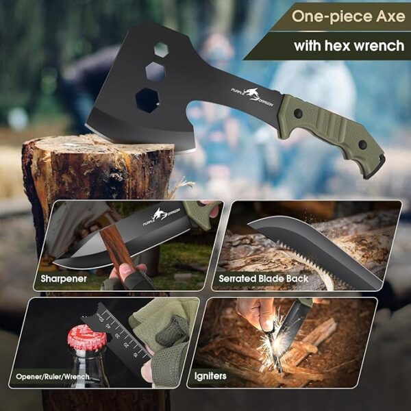 Purple Dragon Large Knife Outdoor Hatchet Axe Set with Sheath, Full Tang Splitting Axe Made from a Single Piece of D2 Steel, Camping Survival for Wood Cutting, Hunting Knife Gifts for Men - Image 4