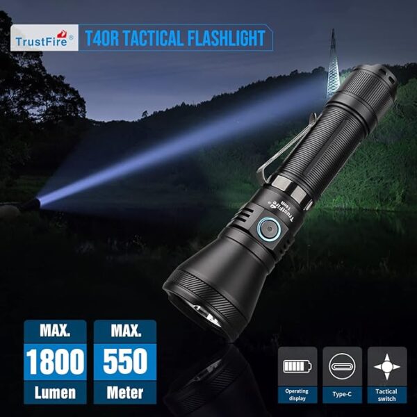 TrustFire T40R Tactical Flashlights, 1800 Lumen Flashlights High Lumens 550 Meter Beam Reach Rechargeable Flashlights Ip68 LED Flashlight 6 Modes Dual Switch Flashlights for Emergencies, EDC, Outdoor - Image 3