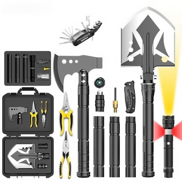 Survival Shovel Survival Axe Set - Camping Shovel Hatchet Survival Tools, with Extension Rod & Flashlight & Pliers & 16-in-1 Multi-Tool, for Cycling, Hiking, Outdoor Camping