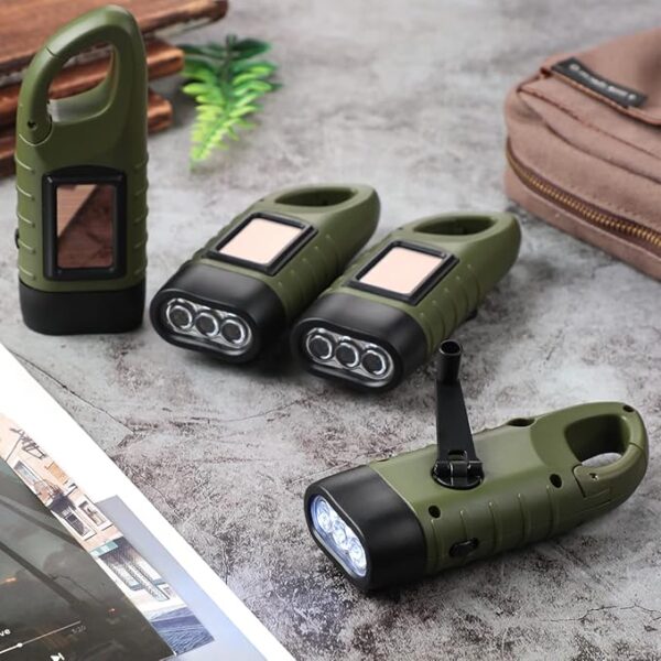 4 Pieces Hand Crank Solar Powered Flashlight LED Rechargeable Flashlight Survival Emergency Hand Crank Lantern Snap Carabiner Torch for Outdoor Sports Camping Hiking - Image 5