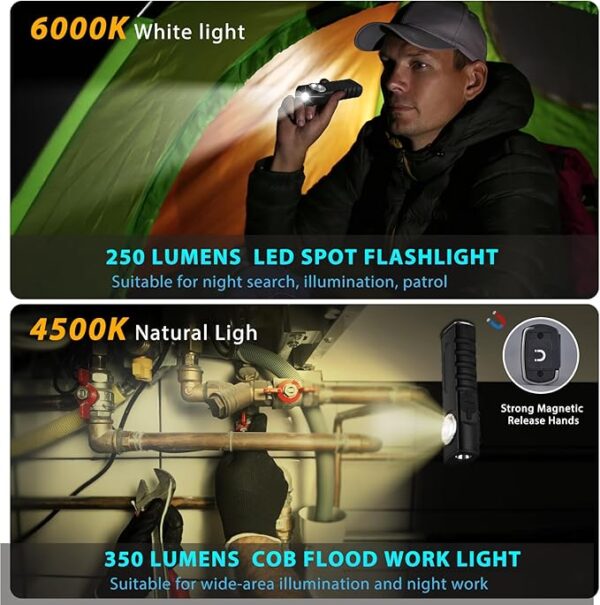 ULTRAFIRE Rechargeable LED Work Light 350 Lumens Portable Magnetic Flat EDC Flashlights with Red Beam,3 Mode Pocket Small Lights with Clip for Working,Car Repairing,Camping,Emergency - Image 5