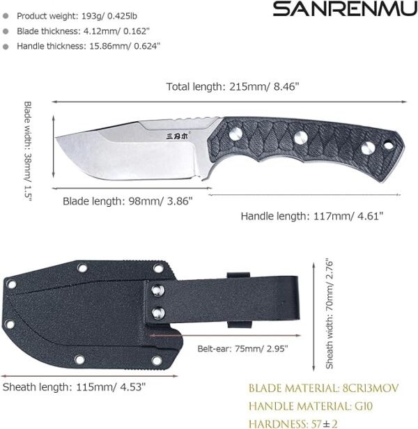 Sanrenmu Fixed Blade Knife with Sheath Full Tang 3.86â 8CR13MOV Blade EDC Outdoor Knife for Camping Survival Hiking (Black+White) - Image 3