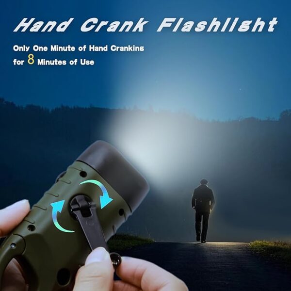 Hand Crank Solar Powered Flashlight, Emergency Rechargeable LED Survival Flashlight with Dynamo Crank, Handheld Torch with Carabiner Clip for Sports, Camping, Hiking - Image 6