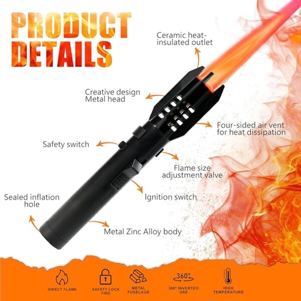 Camping Lighter, Torch Lighter, Straight Flame Bright Fire Refillable Windproof Adjustable Color with Safety Lock for Campfires Kitchen Hiking Candles Fireplace BBQ Outdoor Essentials (Black) - Image 3