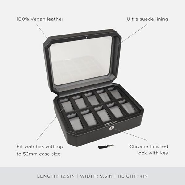 WOLF Windsor 10-Piece Watch Box, Black - Features 10 Watch Compartments & Vegan Leather Exterior - Image 6