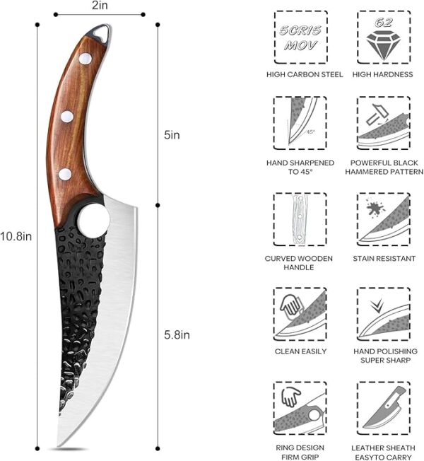 Bicico Butcher Knife, Viking Knife with Sheath, Japanese Hand Forged Meat Cutting Chef Cleaver Portable Survival Bushcraft Belt Knife, Ultra Sharp Kitchen Knife for Outdoor Camping Hunting BBQ - Image 3