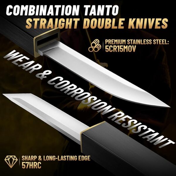 Moontay Mini Katana Knives Set â 2 in 1 Janpanese Tanto Knife with Integrated Wood Sheath & Handle, Stainless Outdoor Double Knife Set, Short Samurai Swords for Camping Survival BBQ Home, Gift for Men - Image 3