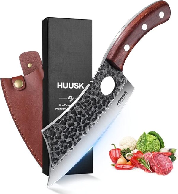 Huusk Meat Cleaver Knife, Hand Forged Butcher Knife for Meat Cutting, Full Tang Viking Knife with Sheath, Japanese Chef Knives for Kitchen, Outdoor Cooking, Camping, BBQ, Gift for Man and Women - Image 2