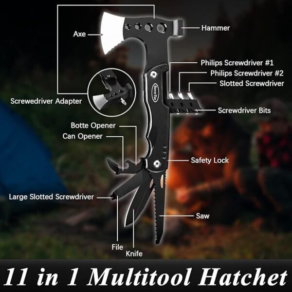 RoverTac Multi Tool Camping Axe Hatchet 11-in-1 Multitool Camping Gear Survival Tool with Axe Knife Hammer Saw Bottle Can Opener Screwdrivers Nylon Sheath Gifts for Men Perfect Camping Hiking Survival - Image 3