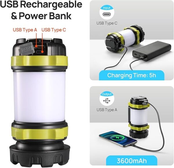 2 Pack LED Camping Lantern Flashlight Rechargeable, Consciot Portable Torch with 6 Light Modes, 3600mAh Power Bank, IPX4 Waterproof, USB C, Camping Lights for Hurricane, Emergency, Survival Kits - Image 5