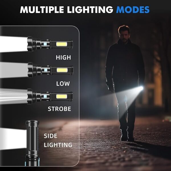 Solar/Rechargeable LED Flashlights, Multi Function Flashlight with 2000 mAh Battery, Emergency Strobe Light, Waterproof, Fast USB Charging, Survival Gear and Supplies for Emergencies Camping - Image 3