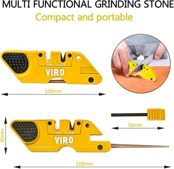 VIRO 6-in-1 Pocket Knife Sharpener& Survival Tool Outdoor Hunting Knife & Hook Sharpener, Handheld, Compact, Lightweight, Multi Use (Yellow) - Image 4