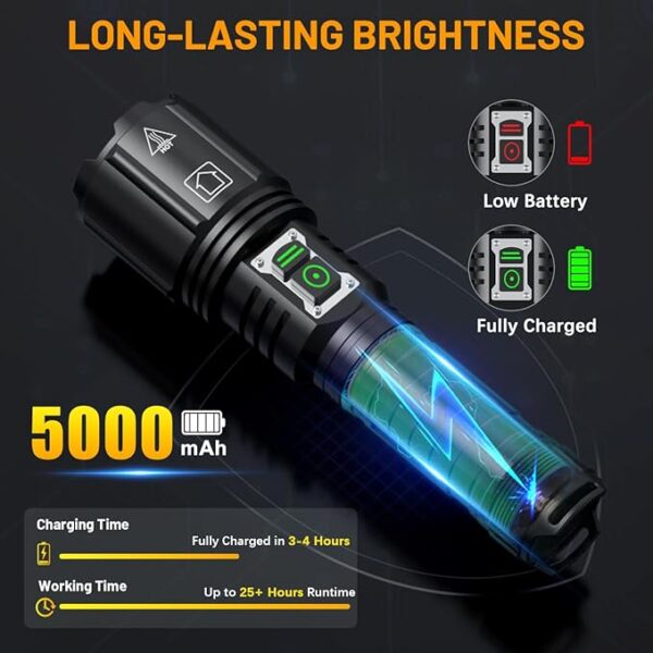 LED Super Bright Flashlight 2000 High Lumens, High Powered Rechargeable Flashlights, 6 Modes Zoomable, Waterproof Flash Lights, Tactical Handheld Flashlight for Emergency, Camping, Outdoor, Home - Image 6