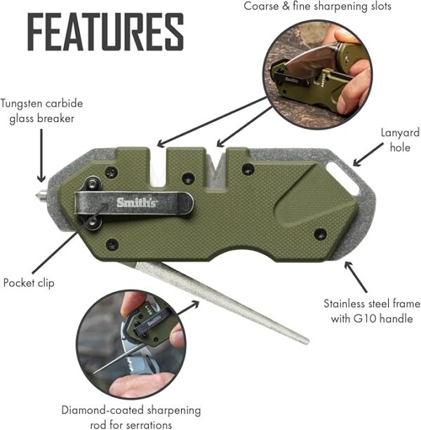 Smithâs 50981 Pocket Pal Tactical Knife Sharpener - OD Green - 2 Stage Sharpener & Diamond Sharpening Rod - Pocket Clip - Outdoor Hunting Knife & Hook Sharpener - Compact & Lightweight - Image 4