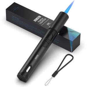 Torch Lighter with Fuel Level Window for Candle, Adjustable Fire Jet Torch Windproof Lighter Long for Grill Cooking Survival, Mini Men Gifts, Black