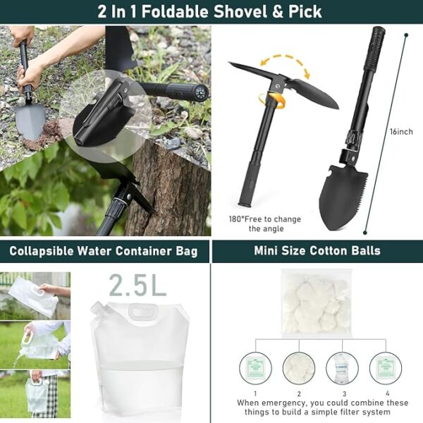 Survival Kit, 262Pcs Survival Gear and Supplies with First Aid Kit Pouch and Crossbody Bag, Emergency Kit with Tent, Camping Axe Hammer, Survival Shovel w/Pick, Bug Out Bag Gifts for Men Women - Image 5