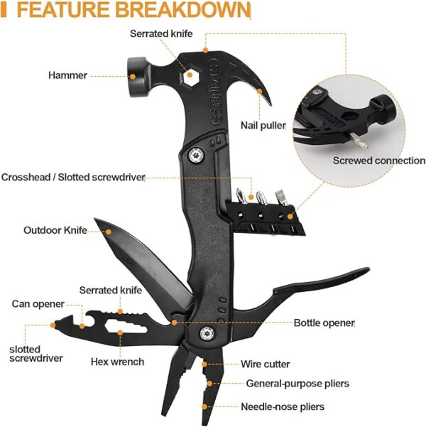 15 in 1 Multitool Hammer Multi Tool Survival Gear Multitool for Menï¼Survival Tools Camping Accessories With Knife,Pliers,Nail Puller,Screwdriver,Saw,Bottle Opener,Present for Husband,Dad,Grandpa - Image 5