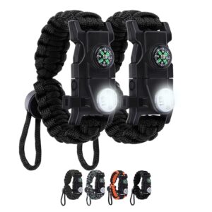 Adjustable Survival Paracord Bracelet, 2 Pack Emergency Fire Starter Kit with Loud Whistle Compass Light Flint Steel for Hiking Fishing Hunting, Tactical Gear Equipment Multitools