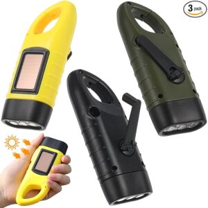 3 Packs Hand Crank Solar Powered Flashlight Emergency Rechargeable LED Flashlight Survival Gear Self Powered Charging Torch Manual Dynamo for Fishing Hiking Backpack Camping Home Safety
