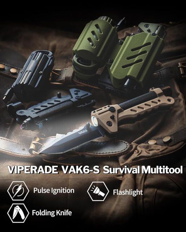 VIPERADE VAK6-S Survival Multitool with Folding Knife, LED Flashlight and Pulse Ignition, EDC Pocket Knife for men, Rechargeable Flashlight with Belt Sheath (Black) - Image 3
