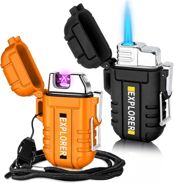 2 Pack Waterproof Lighter Outdoor Windproof Torch Lighters Dual Arc Butane Electric Lighters USB Rechargeable Lighters Flameless Plasma Lighter Camping Hiking Adventure Survival Tactical Gear - Image 2