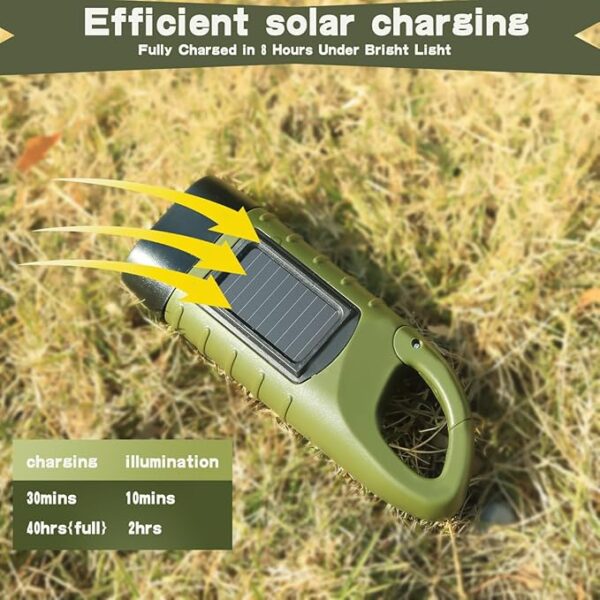 Hand Crank Solar Powered Flashlight, Emergency Rechargeable LED Survival Flashlight with Dynamo Crank, Handheld Torch with Carabiner Clip for Sports, Camping, Hiking - Image 4