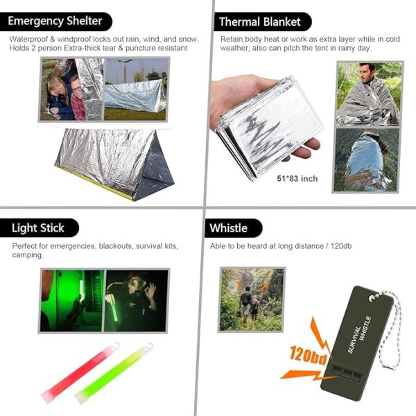 Emergency Survival Kit, 151 Pcs Survival Gear First Aid Kit, Outdoor Trauma Bag with Tactical Flashlight Knife Pliers Pen Blanket Bracelets Compass for Camping Earthquake or Adventures - Image 7