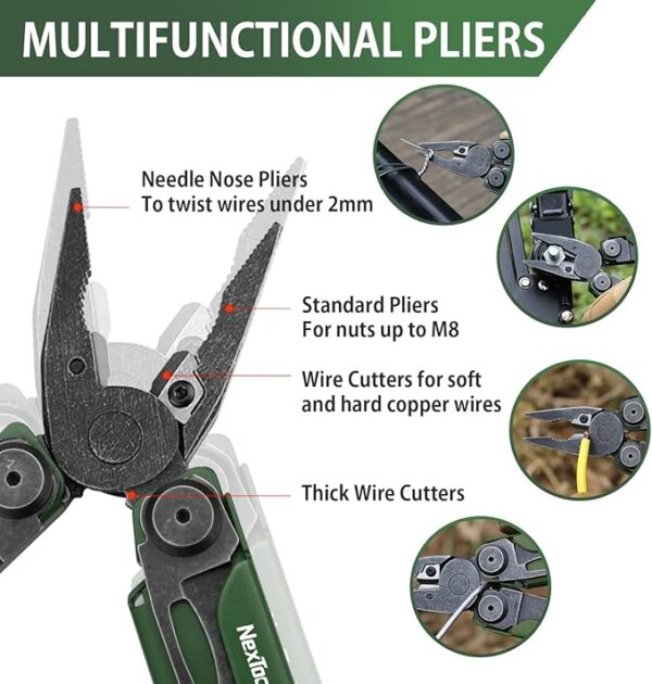 NexTool Flagship Pro, Multi Tool, Multitool Pliers with Folding Scissors, Replaceable Wire Cutters and Safety Locking, Multi Tool Pocket Knife, Survival Tools with Glass Breaker, Gifts for Men-Green - Image 3