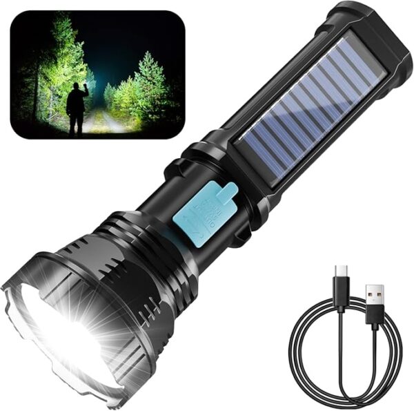 Solar/Rechargeable LED Flashlights, Multi Function Flashlight with 2000 mAh Battery, Emergency Strobe Light, Waterproof, Fast USB Charging, Survival Gear and Supplies for Emergencies Camping - Image 2