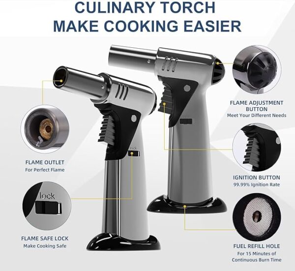 Butane Torch, Butane Refillable Kitchen Cooking Torch, Torch Lighter with Safety Lock And Adjustable Flame For BBQ, Baking, Brulee Creme, Crafts and Soldering(Butane Gas Not Included) - Image 3