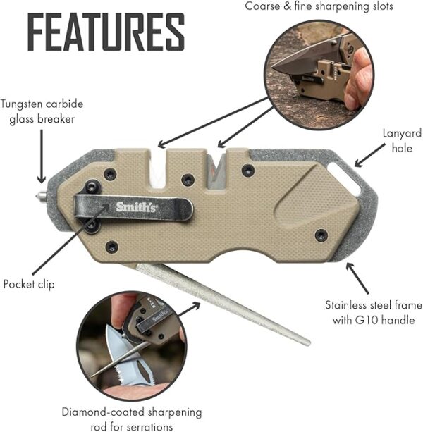 Smithâs Pocket Pal Tactical Knife Sharpener - 2 Stage Sharpener & Diamond Sharpening Rod - Pocket Clip - Outdoor Hunting Knife & Hook Sharpener - Compact & Lightweight - Image 4