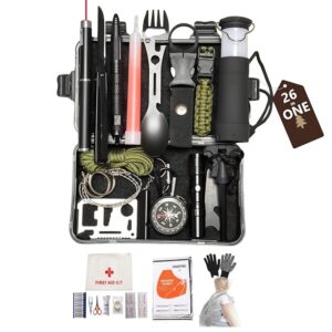 26-in-1 Outdoor Survival Gear Kit with Heavy-Duty Storage Bag, First Aid & Fire Starter â Emergency Tools for Camping Hiking, Gifts for Dad, Husband, Men Women ï¼YSK01.BKï¼