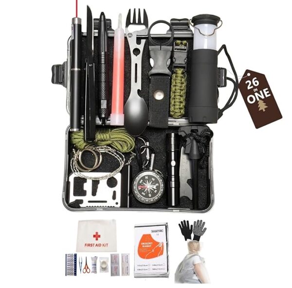 26-in-1 Outdoor Survival Gear Kit with Heavy-Duty Storage Bag, First Aid & Fire Starter â Emergency Tools for Camping Hiking, Gifts for Dad, Husband, Men Women ï¼YSK01.BKï¼