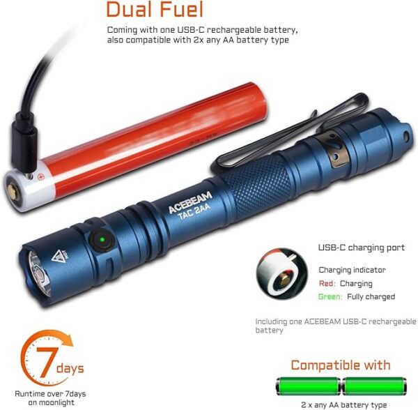 ACEBEAM TAC 2AA EDC Tactical Dual Modes Flashlight Rechargeable, 1400 High Lumens Flashlight, Dual Switch Pocket LED Flashlight, Super Bright Small Flash Light for Emergency, Camping, Home(SFT-25R HI) - Image 6