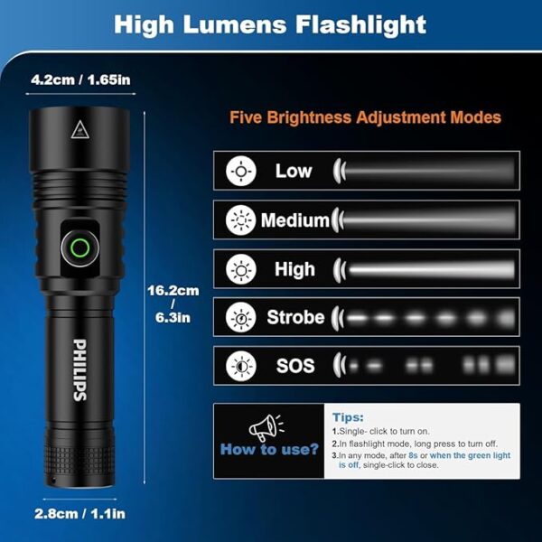 PHILIPS Flashlights High Lumens Rechargeable, 1000000lm Super Bright Flashlight,LED Powerful Flashlight Zoomable,Reverse Charging,5 Lighting Modes for Home,Outdoor Camping Emergency,Gift - Image 4
