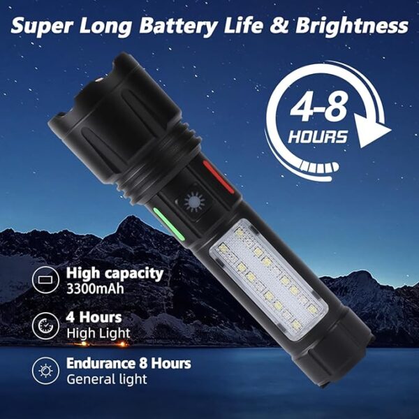 Rechargeable Tactical Flashlight 990000LM High Lumen 5 Modes Super Bright, led Powerful 3300mAh Power Bank with COB Flash Light, Zoomable, Waterproof for Emergencies, Camping, Hiking - Image 6
