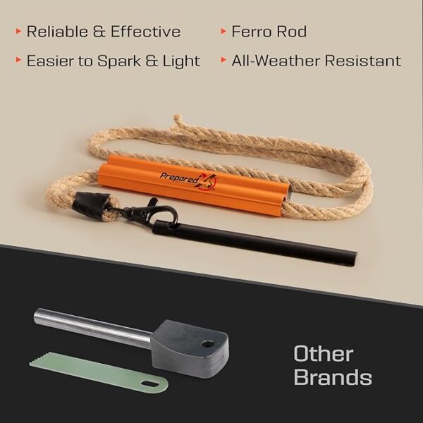 Fire Starter Survival Tool - All-in-One Flint and Steel Fire Starter Kit - Ferro Rod Fire Starter with 36" Waterproof Tinder Wick Rope and Steel Fire Striker - Patented Firestarter | Prepared4X - Image 4
