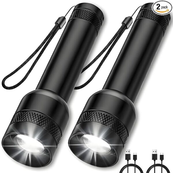 2 Pack Flashlights Rechargeable, High Lumens Flashlight Torch, Super Bright Small LED Flash Light- Zoomable, Adjustable Brightness, Long Lasting for Camping, Outdoors and Home Emergency