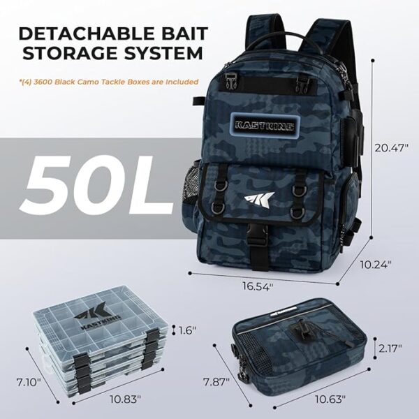 KastKing BaitSpace 50L Fishing Tackle Backpack with Removable Bait Binder & 4 Tackle Boxes, Rod Holders Storage Fishing Gear - Image 4